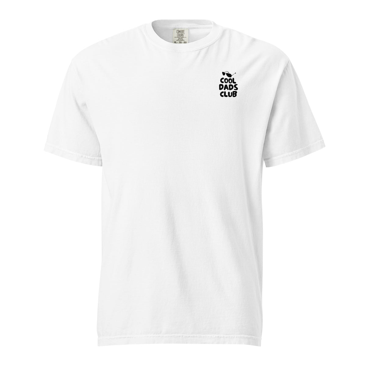 White T-shirt, front view, with small black 'Cool Dads Club' chest lettering.