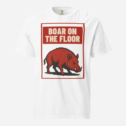 White T-shirt with a red boar illustration and Boar on the Floor text, front view.