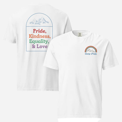 White T-shirt with a Camp Pride chest badge and large Pride, Kindness, Equality and Love back design, front and back views.