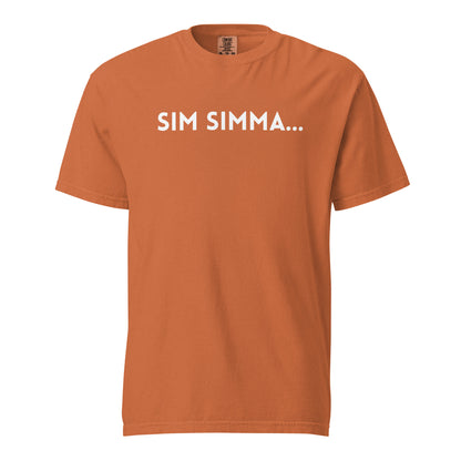 Yam T-shirt, front view with white "SIM SIMMA..." lettering.