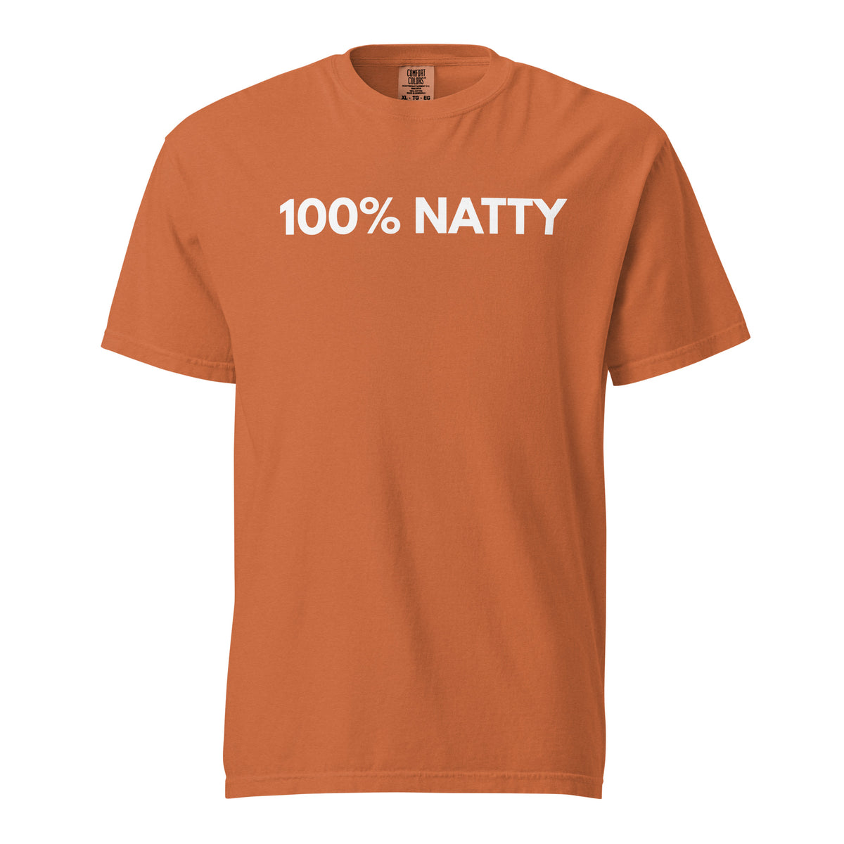 Yam T-shirt, front view, with white '100% NATTY' lettering.