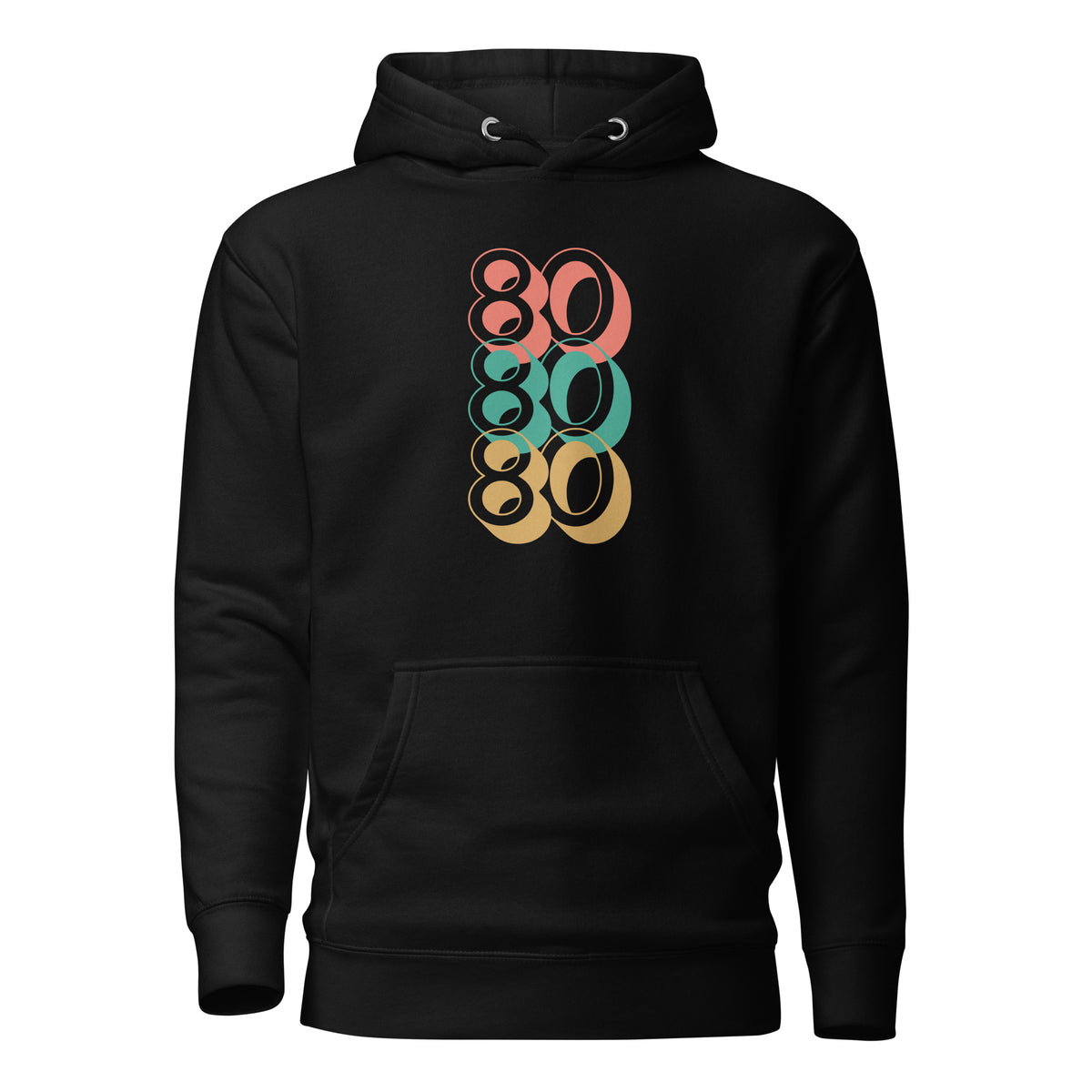 Black hoodie with stacked red, green and yellow 80 numerals, front view.