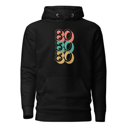 Black hoodie with stacked red, green and yellow 80 numerals, front view.