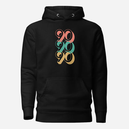 Black hoodie, front view with stacked red, green and yellow "90" numerals.