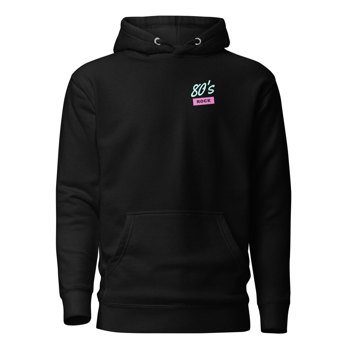 Black hoodie with small 80's Rock chest lettering, front view.