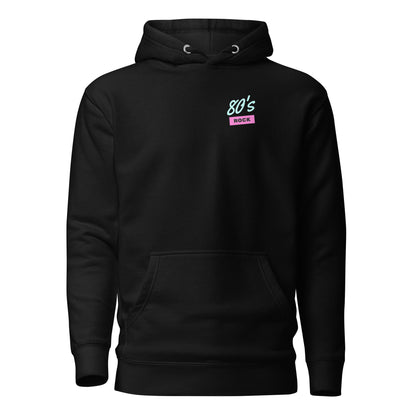 Black hoodie with small 80's Rock chest lettering, front view.