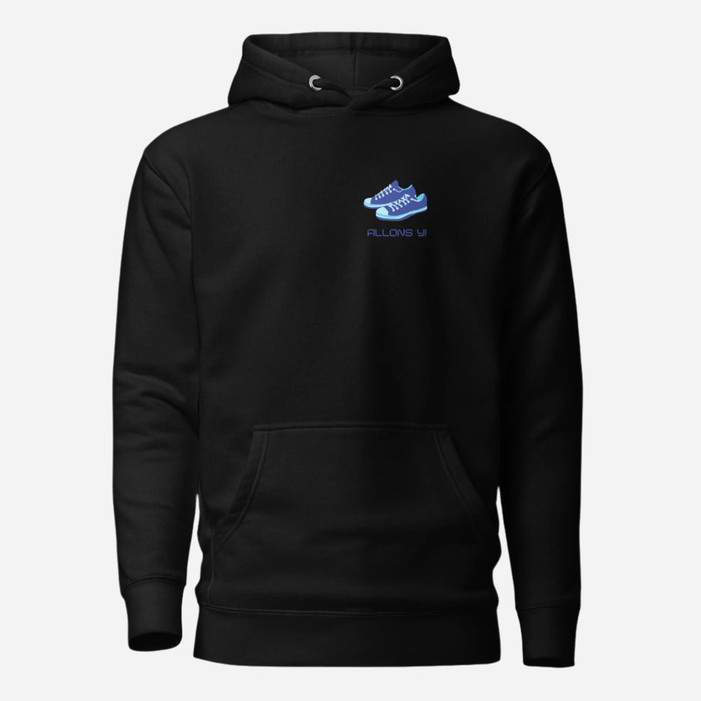 Black hoodie, front view with blue sneakers and "Allons Y" chest lettering.