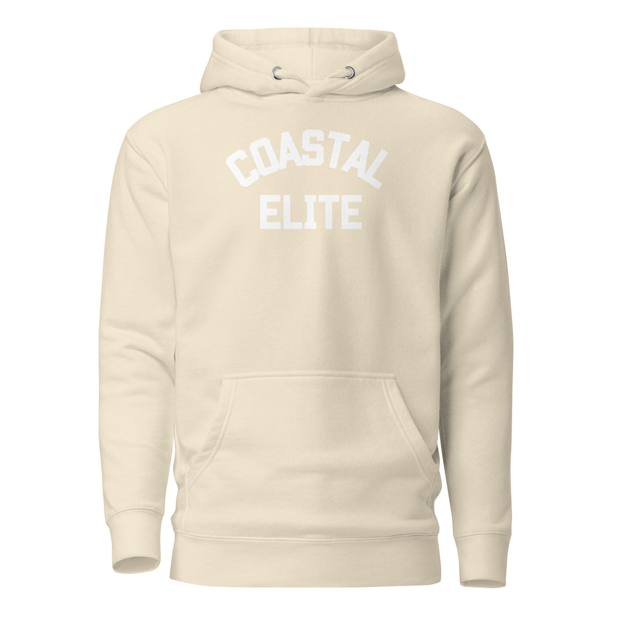 Bone hoodie, front view, with white arched 'Coastal Elite' lettering.