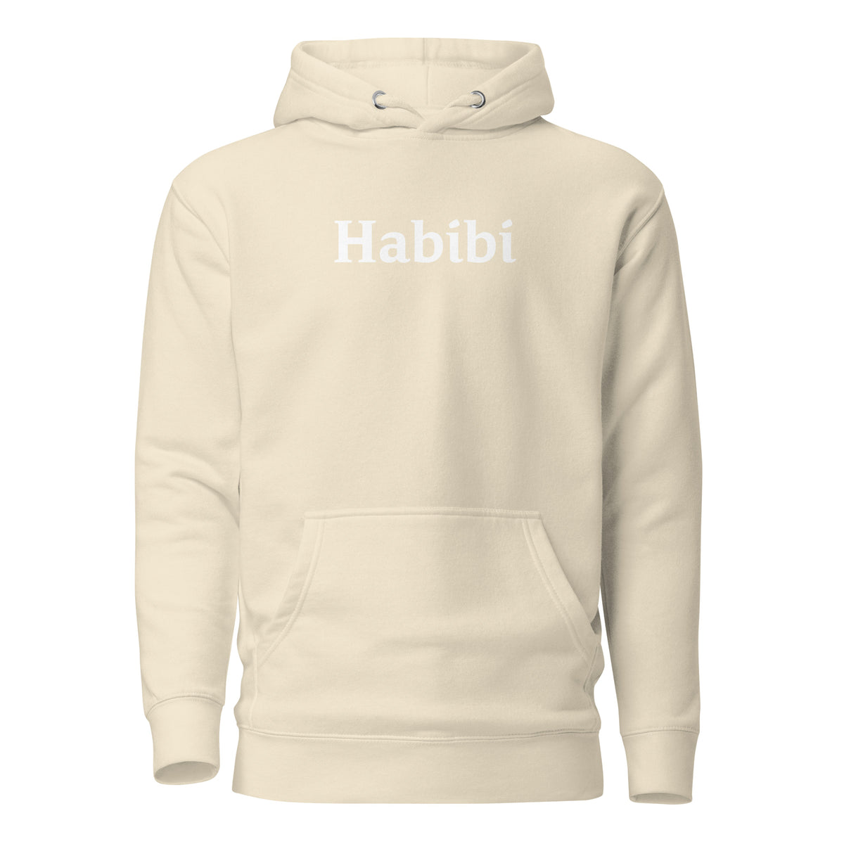 Bone hoodie, front view, with white 'Habibi' lettering.