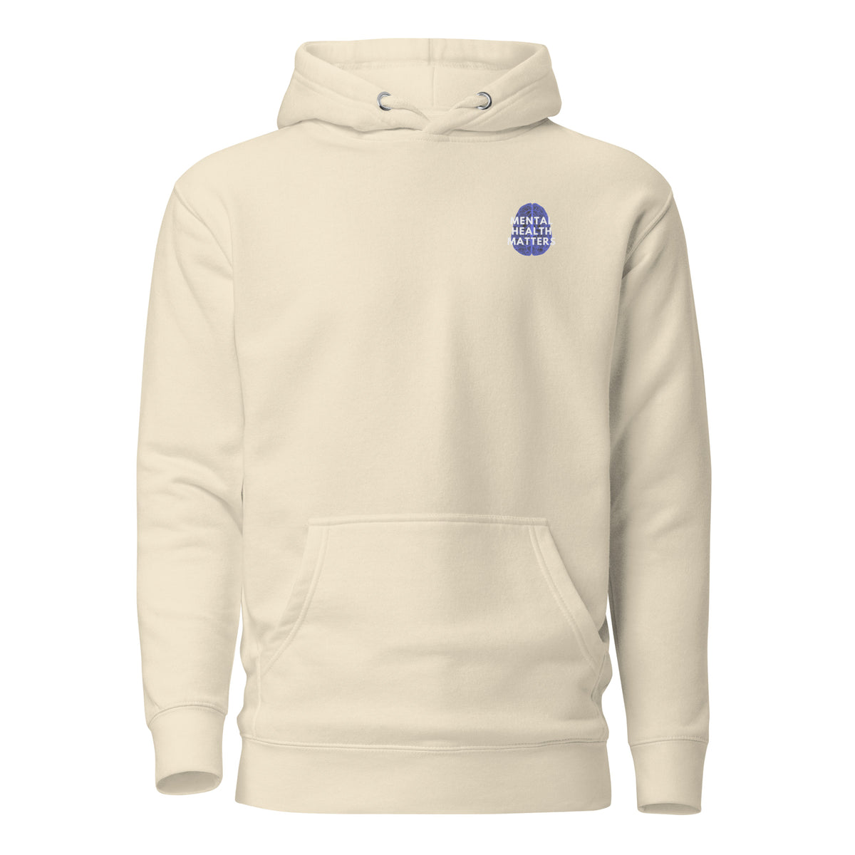 Bone hoodie with a small Mental Health Matters chest badge, front view.