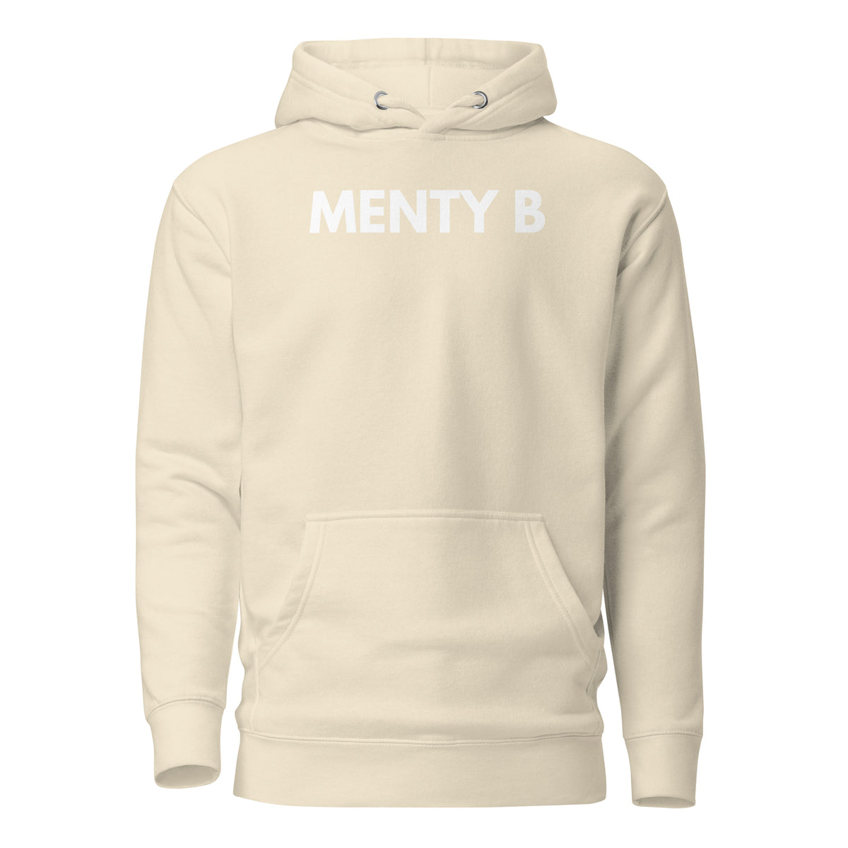 Bone hoodie, front view, with white 'MENTY B' lettering.