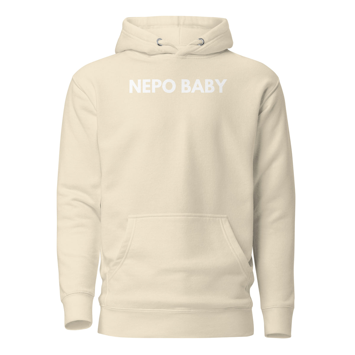 Bone hoodie with white Nepo Baby lettering, front view.