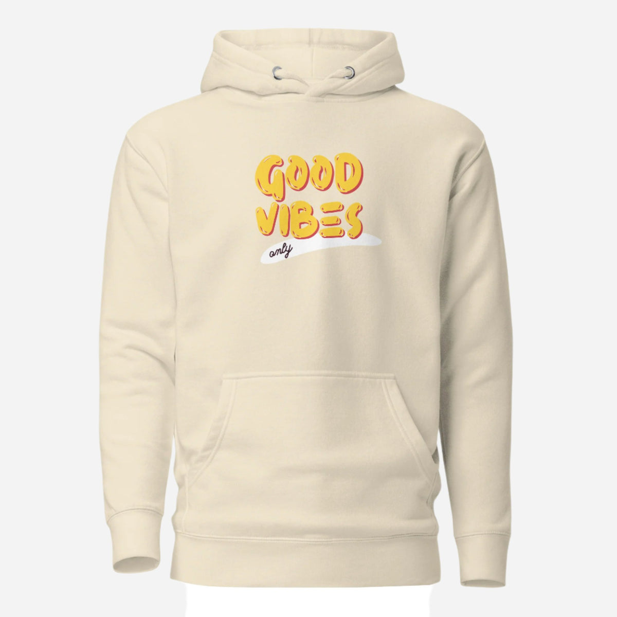 Bone hoodie, front view, with yellow 'Good Vibes' lettering with a white underline.