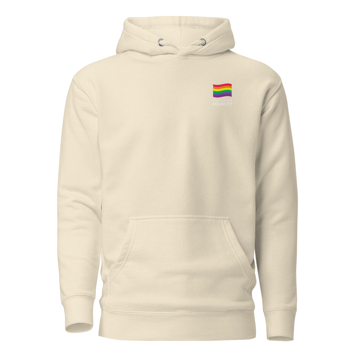 Bone hoodie, front view, with a small rainbow flag and lettering on the chest.