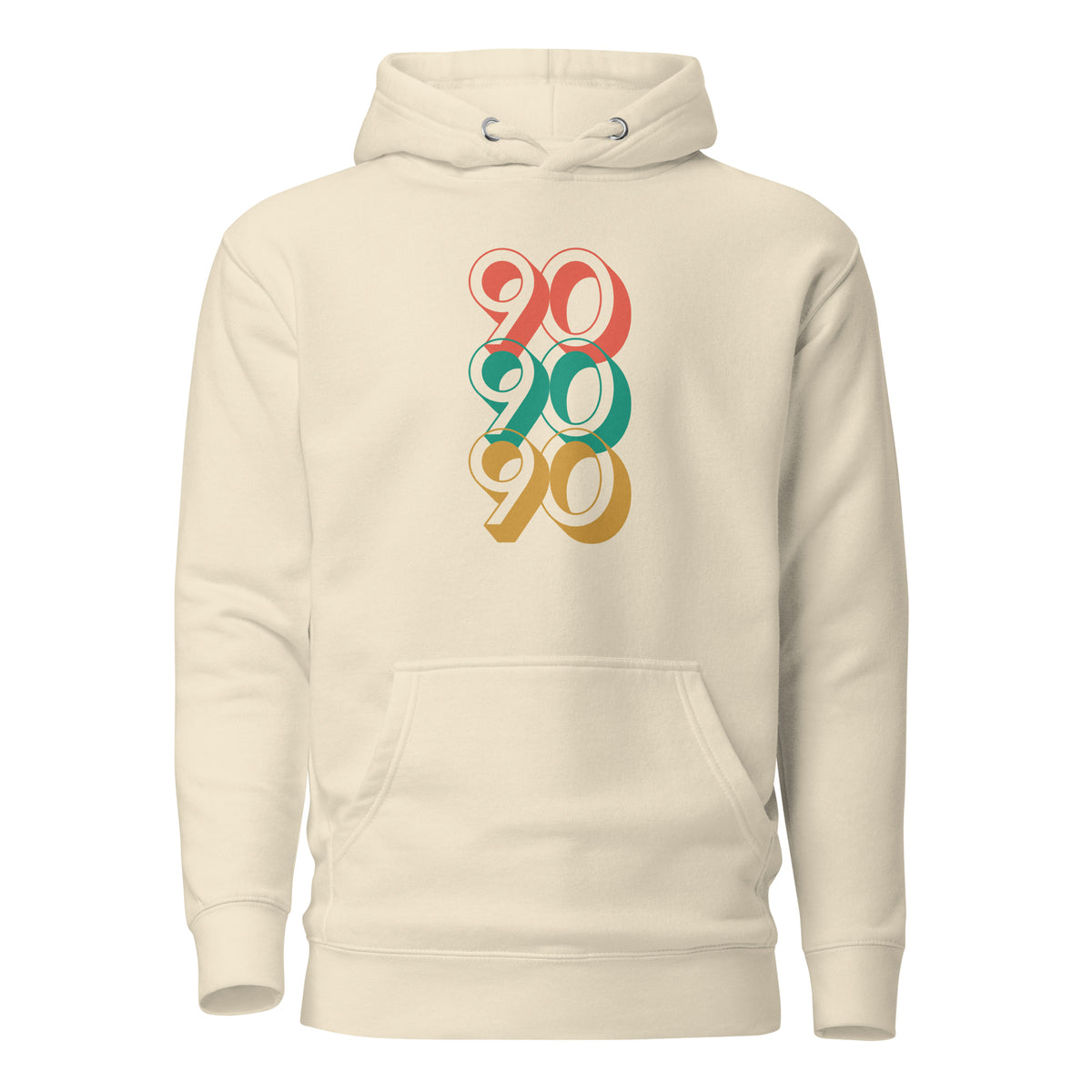 Bone hoodie, front view with stacked red, green and yellow "90" numerals.