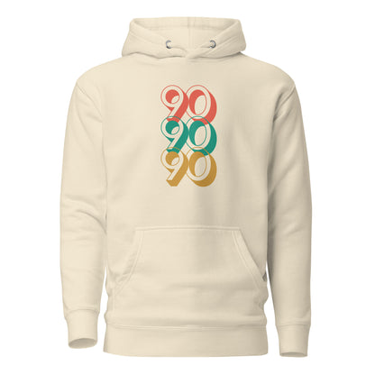 Bone hoodie, front view with stacked red, green and yellow "90" numerals.
