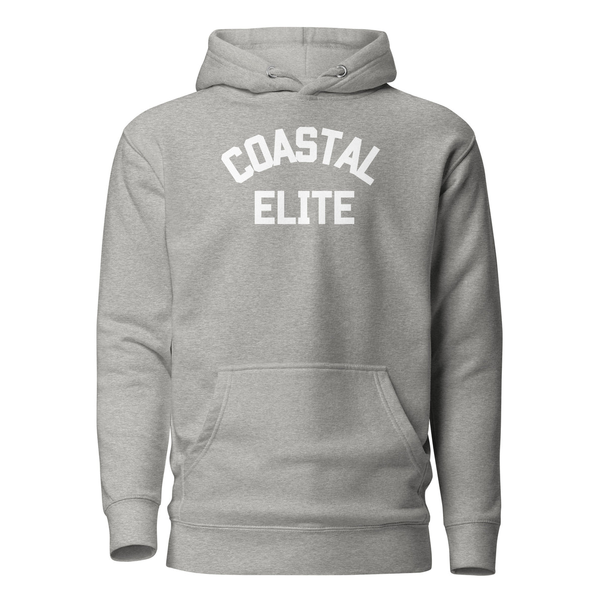 Carbon Grey hoodie, front view, with white arched 'Coastal Elite' lettering.