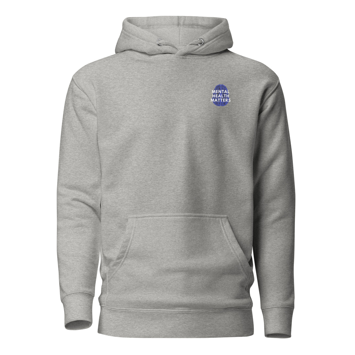 Carbon Grey hoodie with a small Mental Health Matters chest badge, front view.