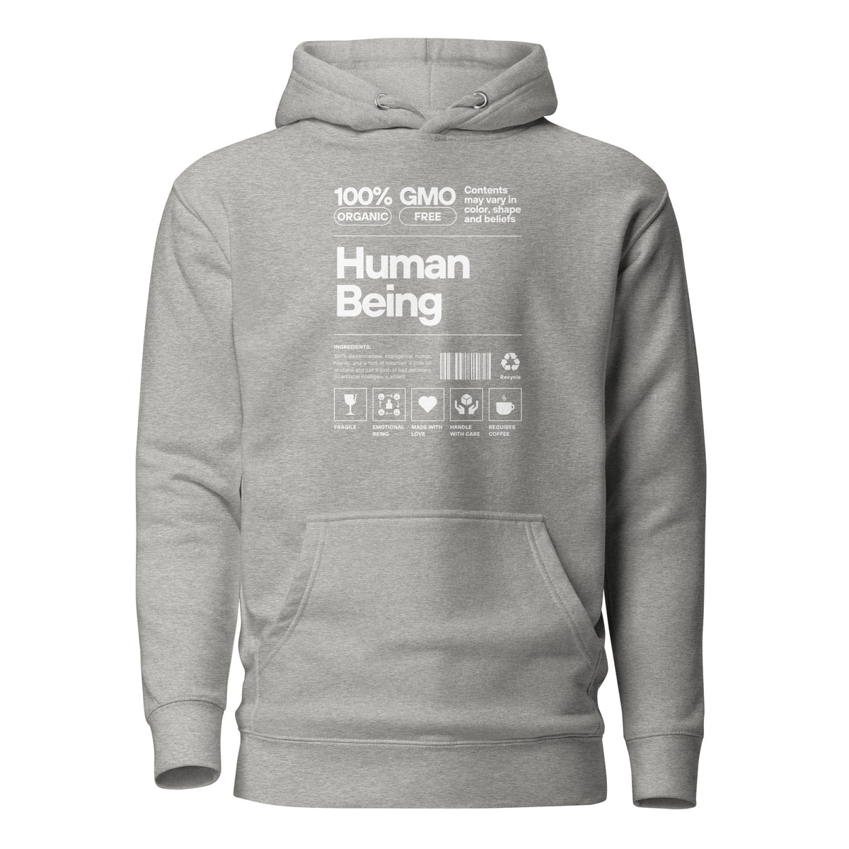 Carbon Grey hoodie with a white Human Being label-style graphic and icons, front view.