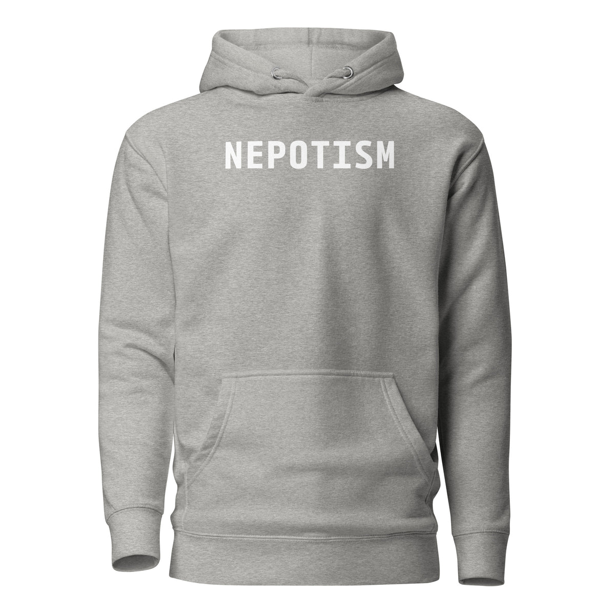 Carbon Grey hoodie, front view, with white 'NEPOTISM' lettering.