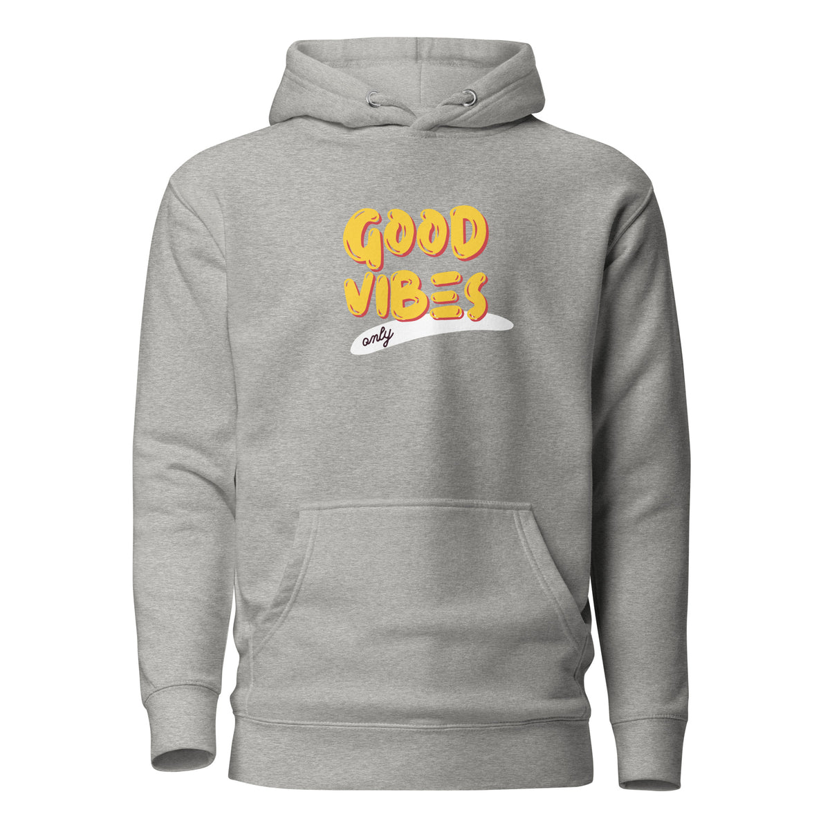 Carbon Grey hoodie, front view, with yellow 'Good Vibes' lettering with a white underline.
