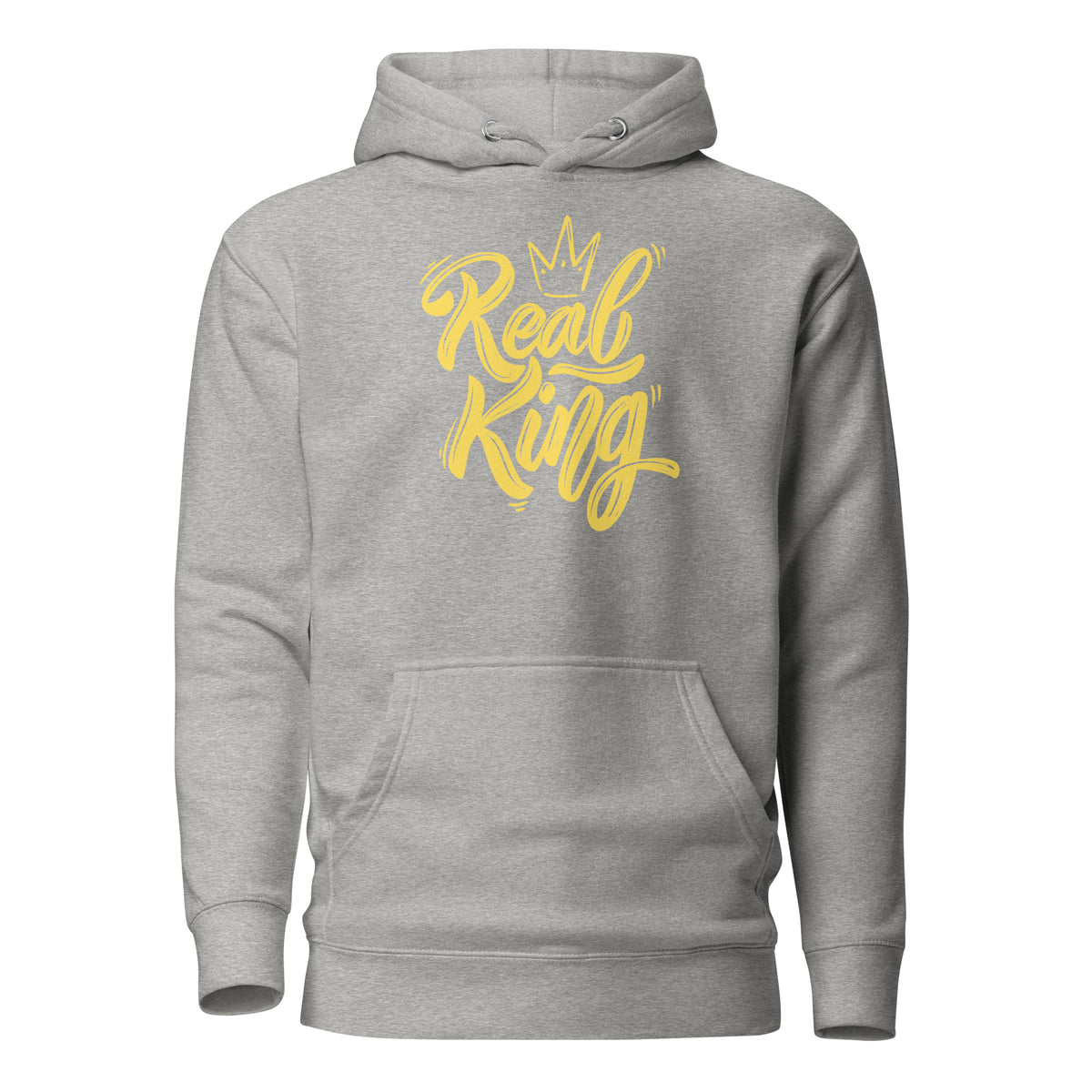 Carbon Grey hoodie, front view, with yellow 'Real King' script and a crown.