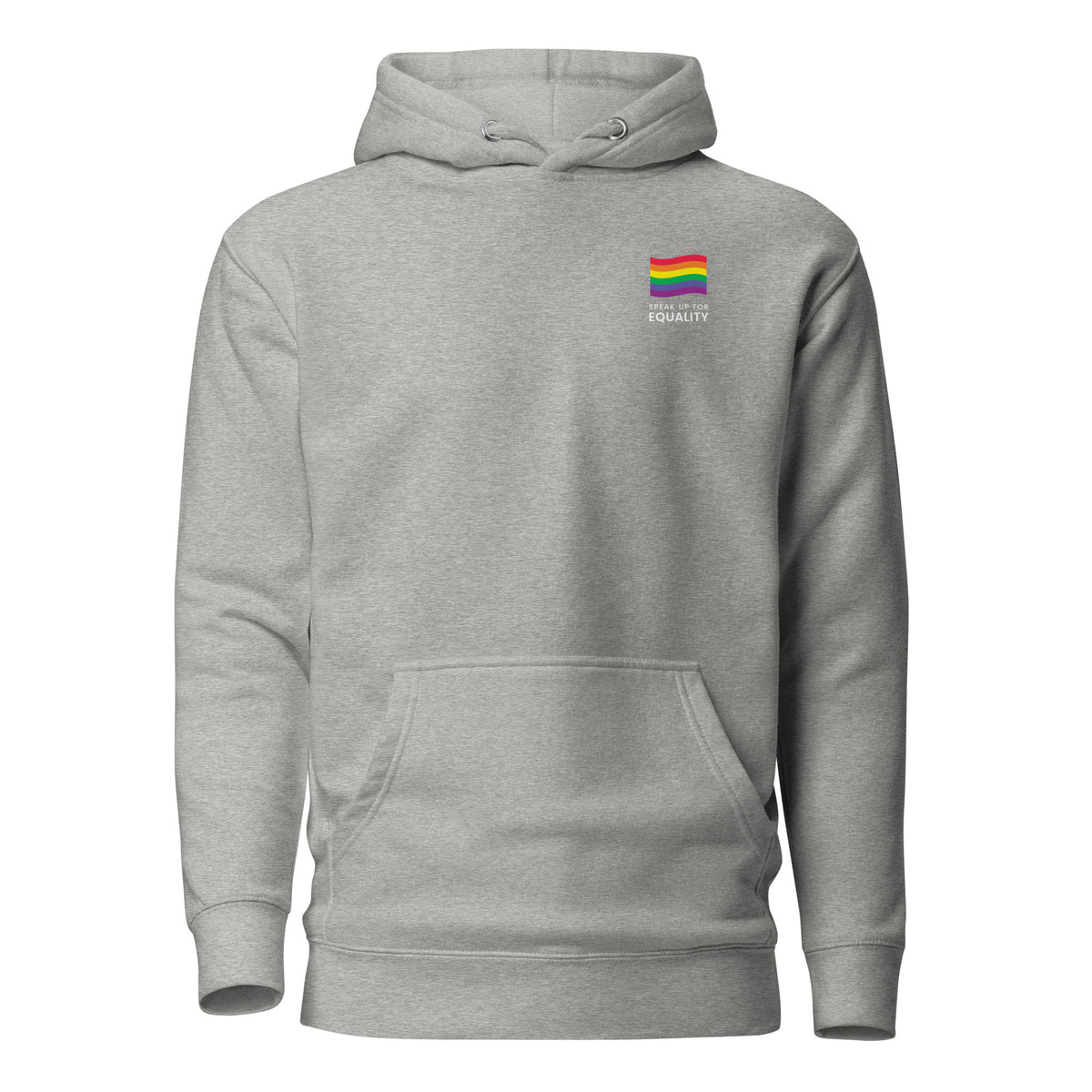 Carbon Grey hoodie, front view, with a small rainbow flag and lettering on the chest.