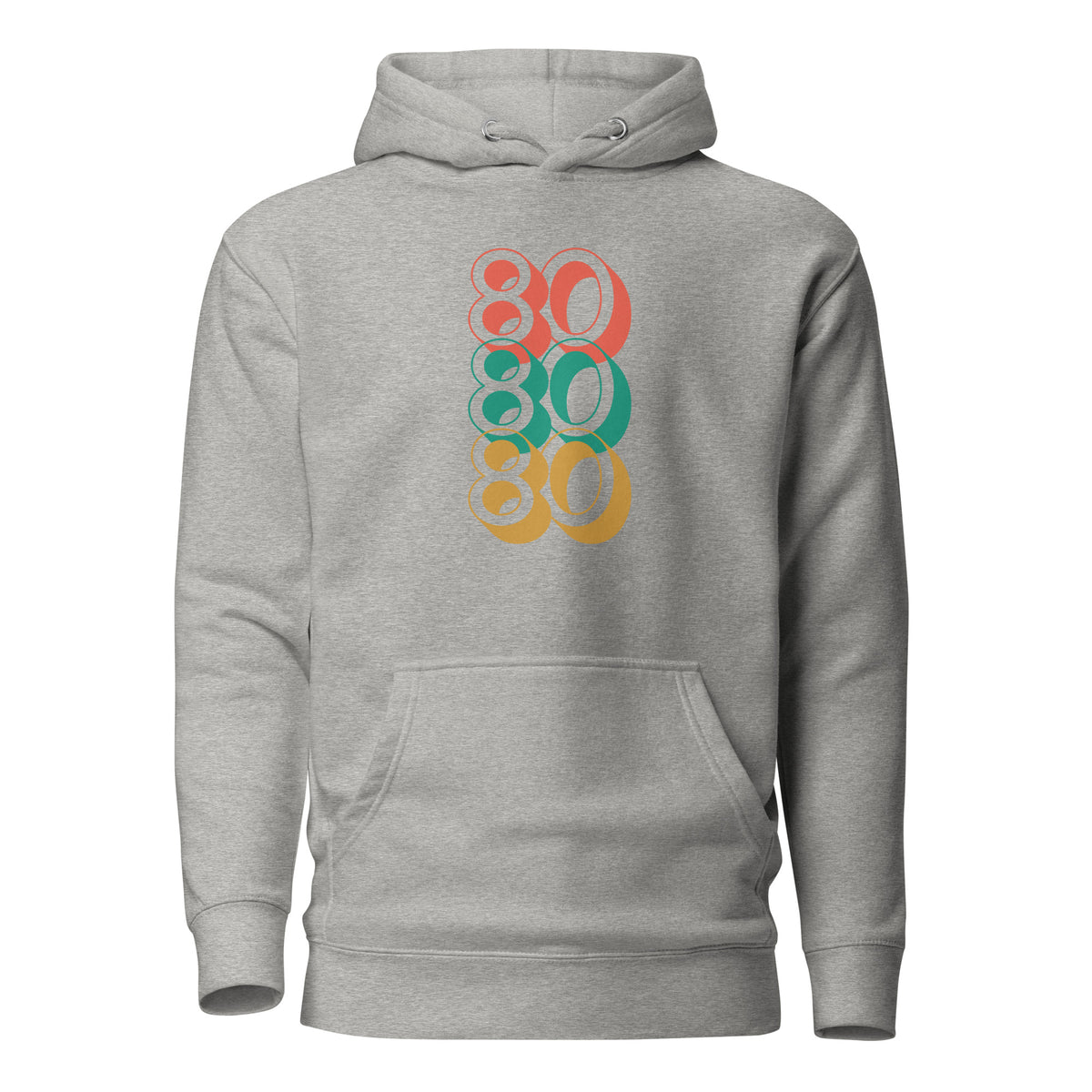Carbon Grey hoodie with stacked red, green and yellow 80 numerals, front view.