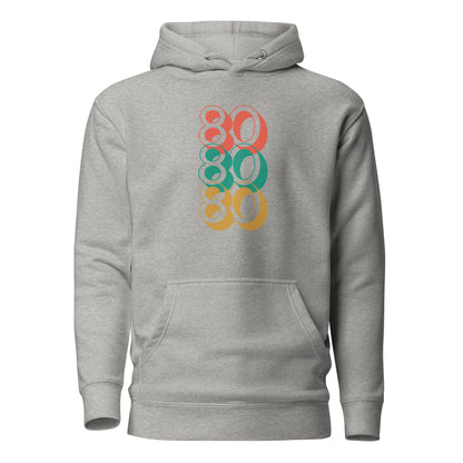 Carbon Grey hoodie with stacked red, green and yellow 80 numerals, front view.
