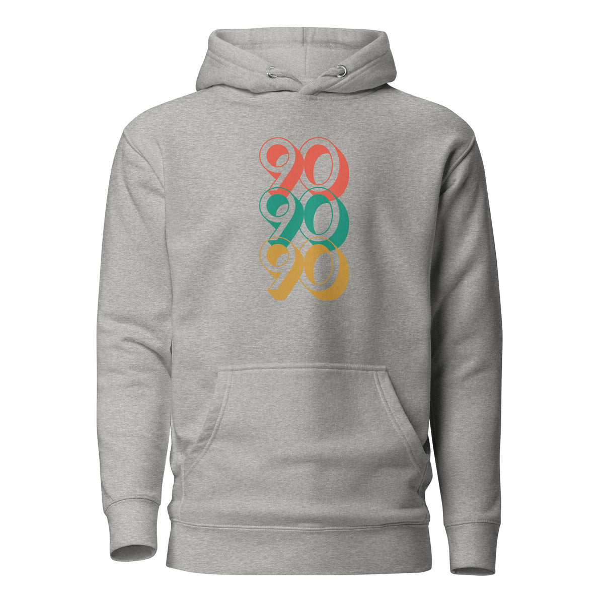 Carbon Grey hoodie, front view with stacked red, green and yellow "90" numerals.
