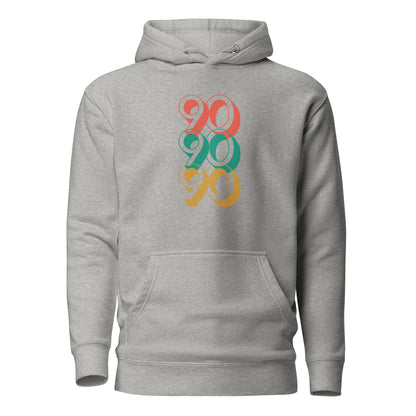 Carbon Grey hoodie, front view with stacked red, green and yellow "90" numerals.