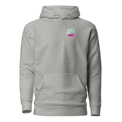 Carbon Grey hoodie with small 80's Rock chest lettering, front view.