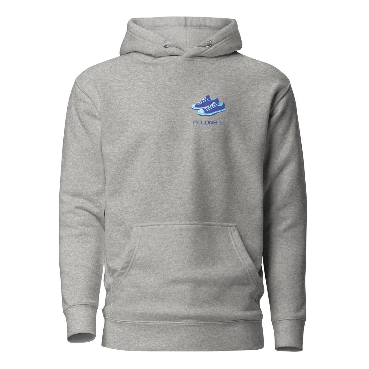 Carbon Grey hoodie, front view with blue sneakers and "Allons Y" chest lettering.