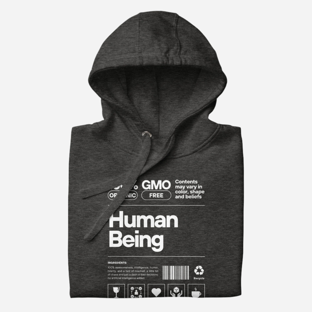 Charcoal Heather hoodie with a white Human Being label-style graphic and icons, folded view.