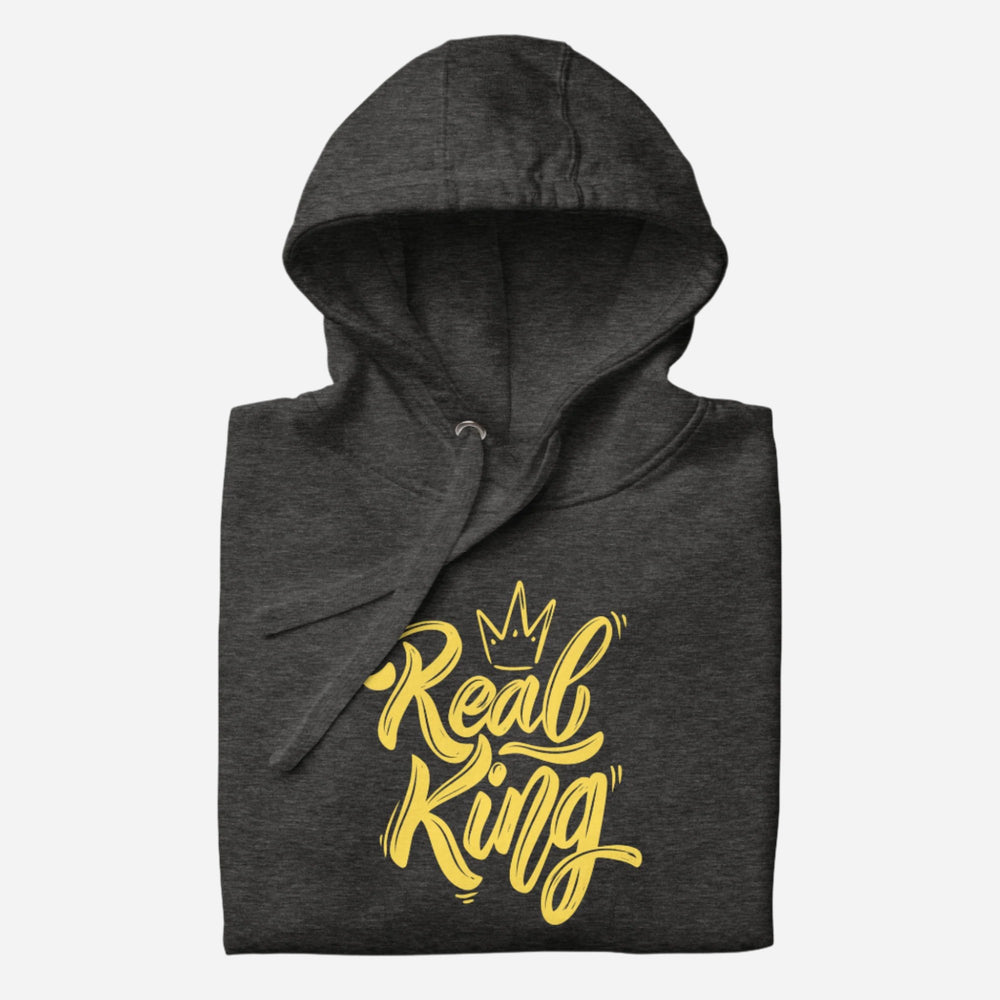 Charcoal Heather hoodie, folded view, with yellow 'Real King' script and a crown.
