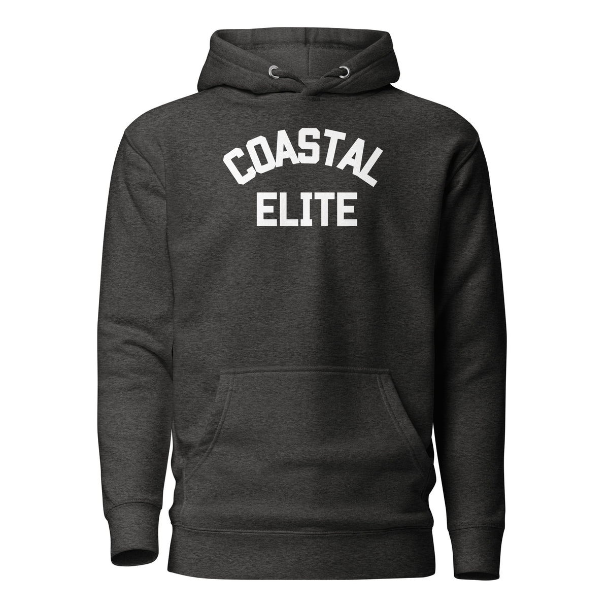 Charcoal Heather hoodie, front view, with white arched 'Coastal Elite' lettering.