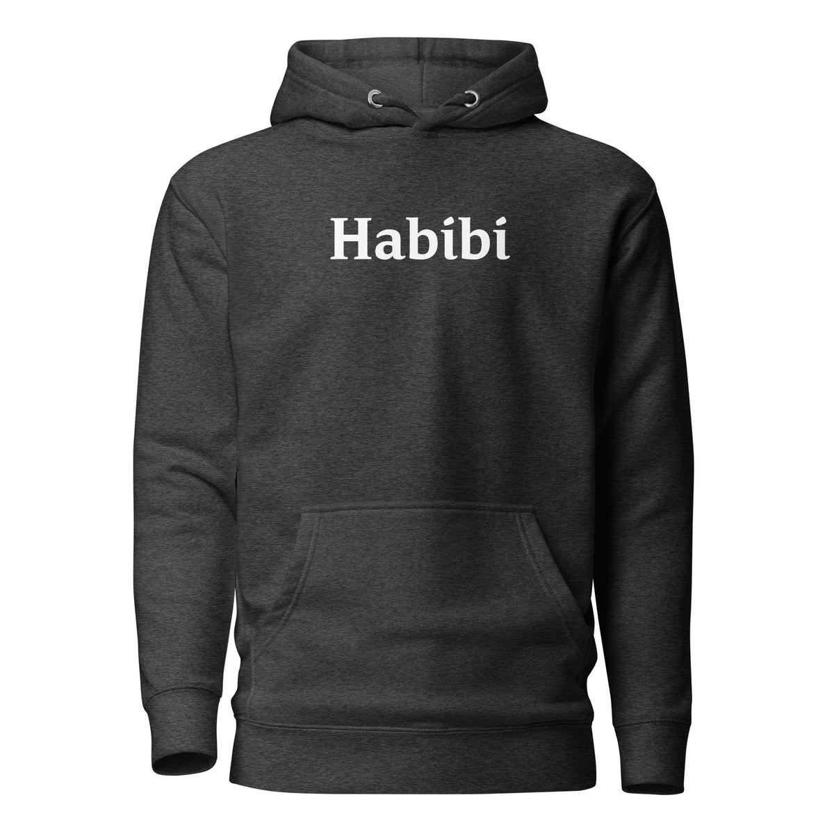 Charcoal Heather hoodie, front view, with white 'Habibi' lettering.