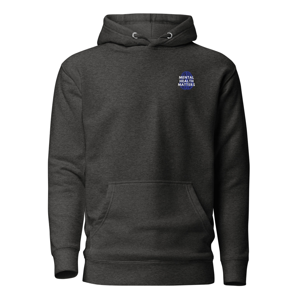 Charcoal Heather hoodie with a small Mental Health Matters chest badge, front view.