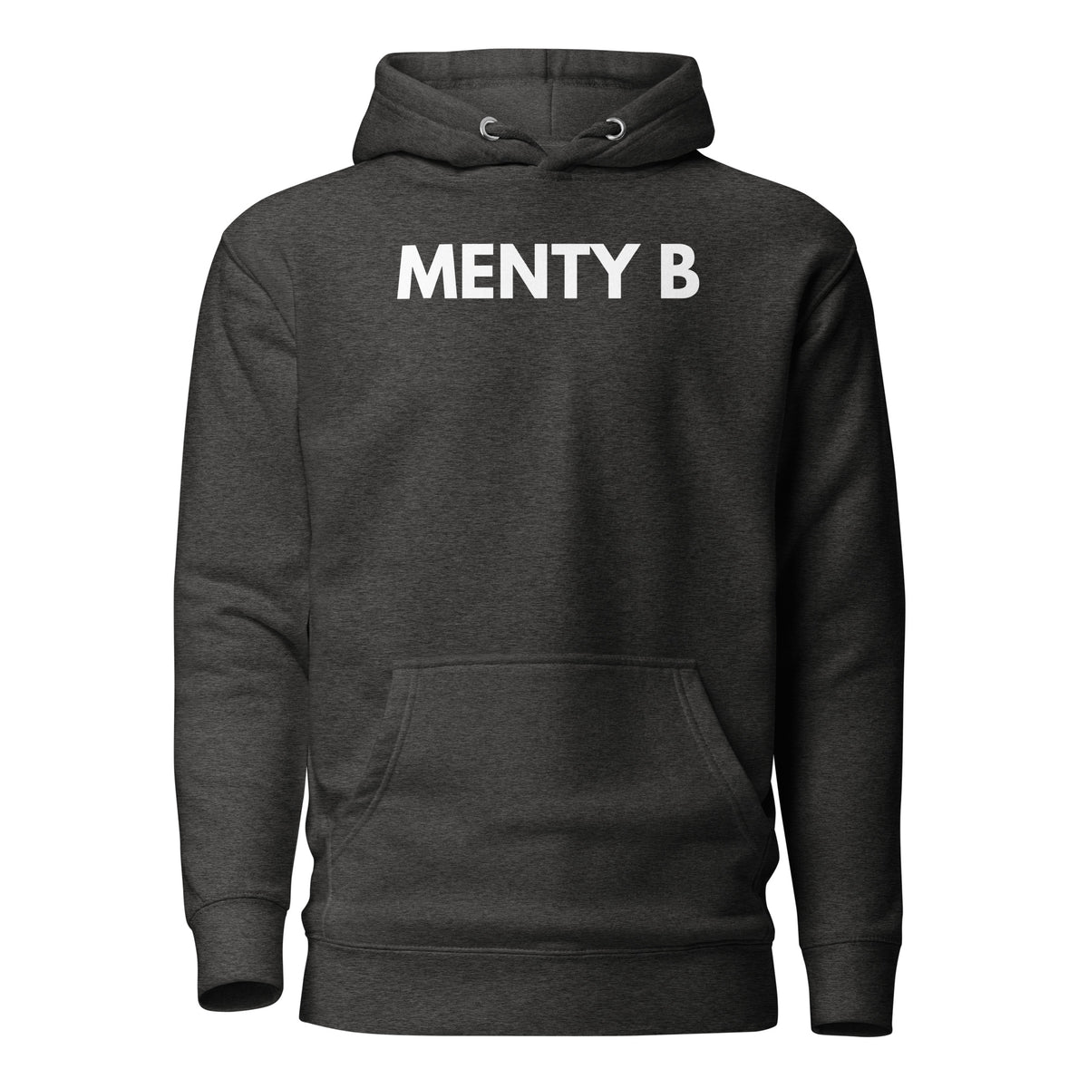 Charcoal Heather hoodie, front view, with white 'MENTY B' lettering.