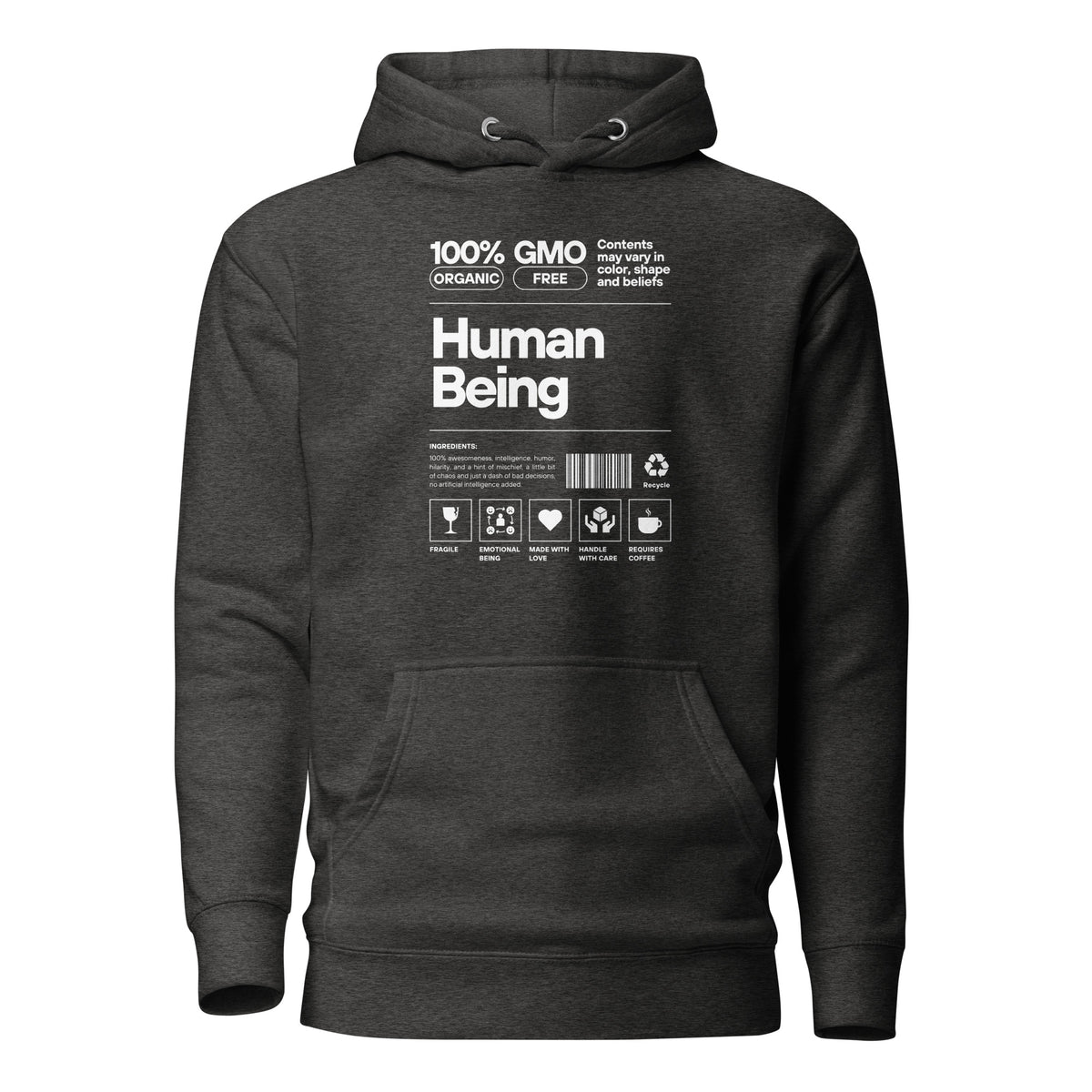 Charcoal Heather hoodie with a white Human Being label-style graphic and icons, front view.
