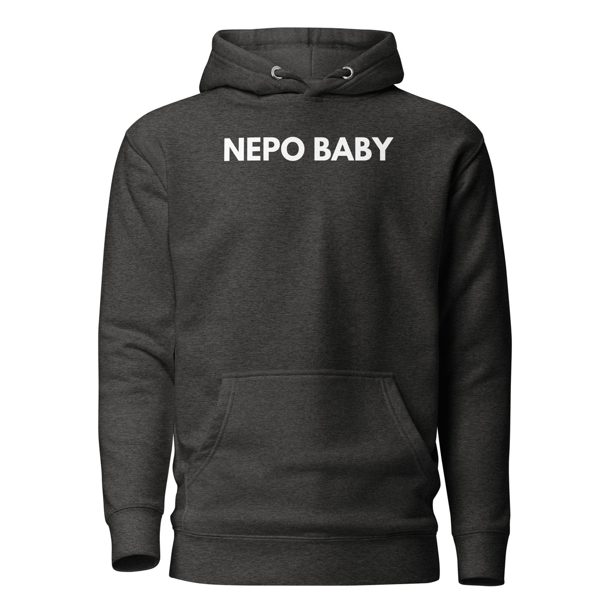 Charcoal Heather hoodie with white Nepo Baby lettering, front view.