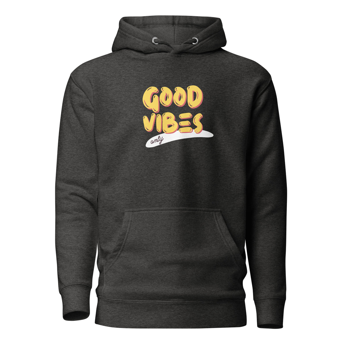 Charcoal Heather hoodie, front view, with yellow 'Good Vibes' lettering with a white underline.