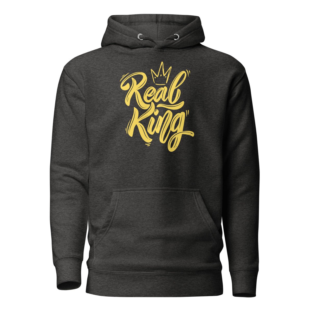 Charcoal Heather hoodie, front view, with yellow 'Real King' script and a crown.