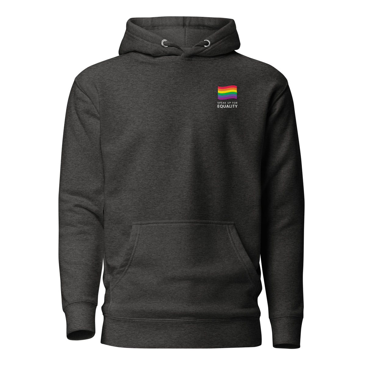 Charcoal Heather hoodie, front view, with a small rainbow flag and lettering on the chest.