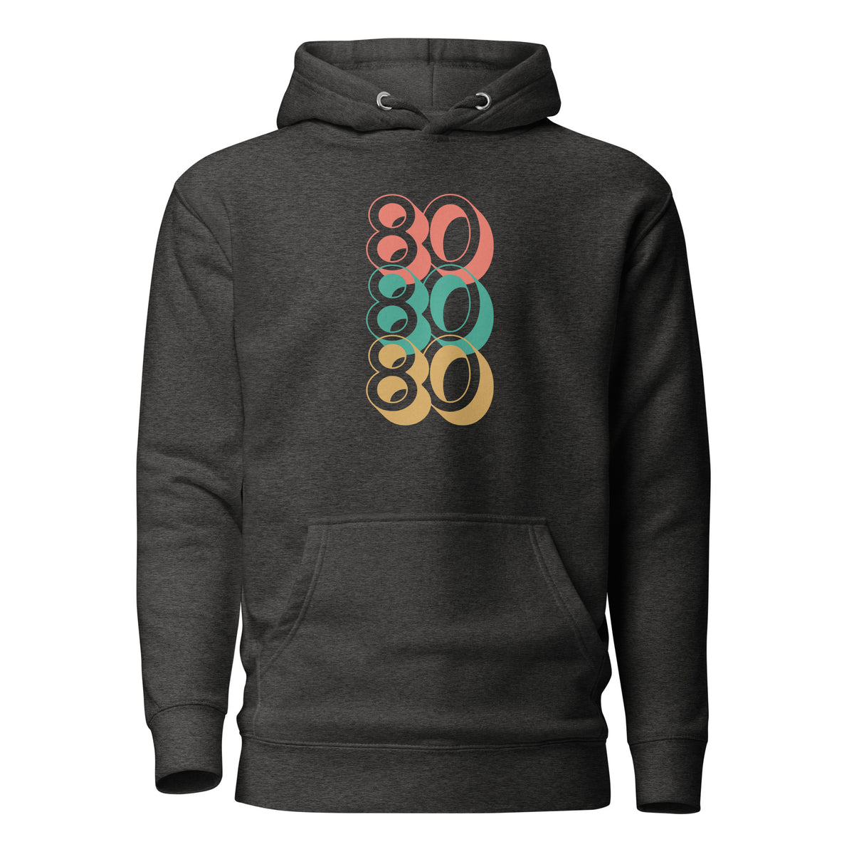 Charcoal Heather hoodie with stacked red, green and yellow 80 numerals, front view.