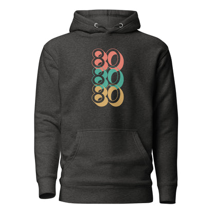 Charcoal Heather hoodie with stacked red, green and yellow 80 numerals, front view.