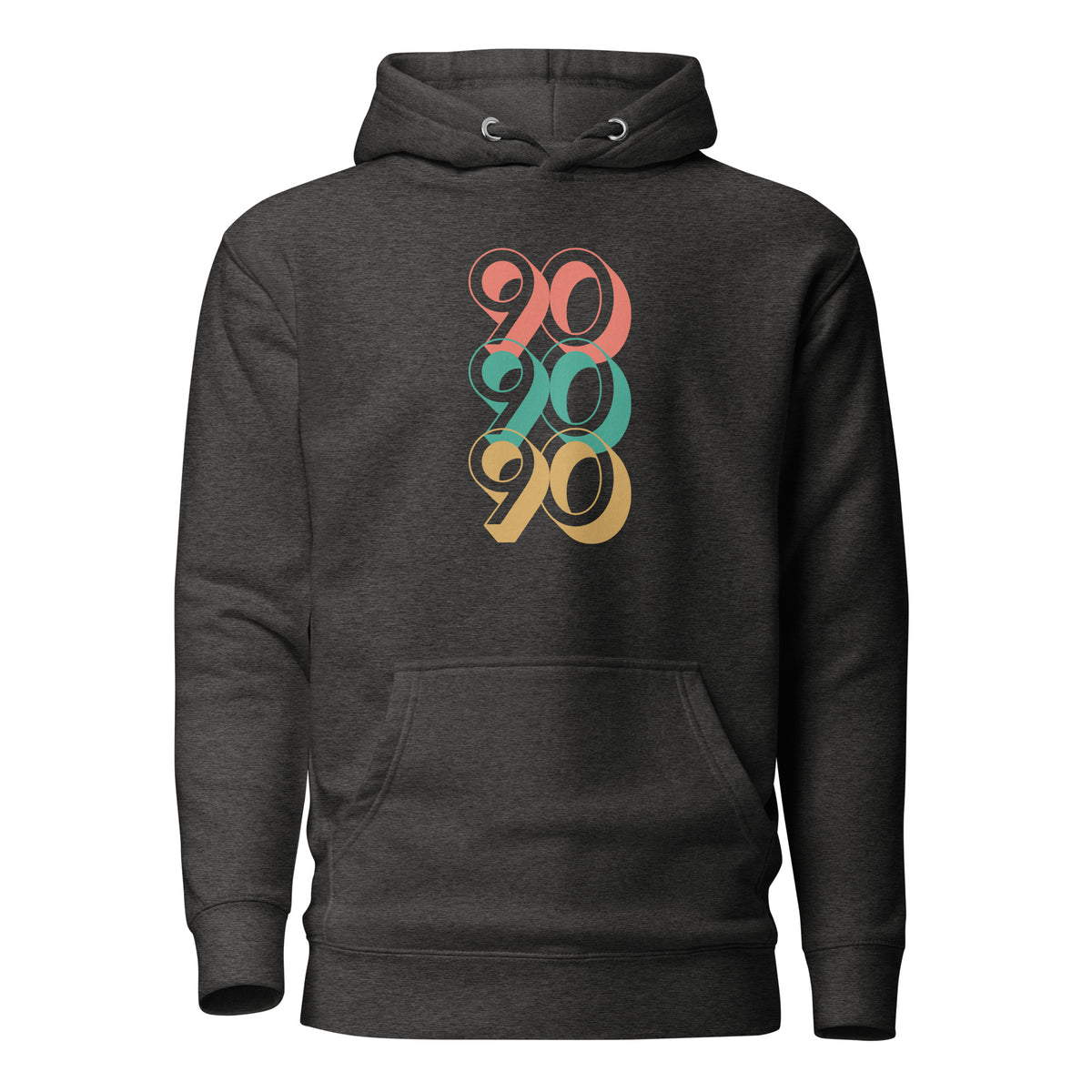 Charcoal Heather hoodie, front view with stacked red, green and yellow "90" numerals.