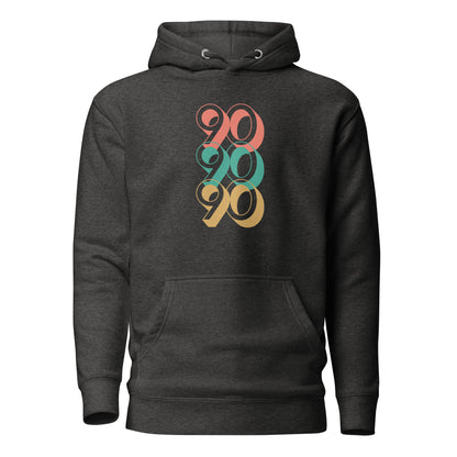 Charcoal Heather hoodie, front view with stacked red, green and yellow "90" numerals.