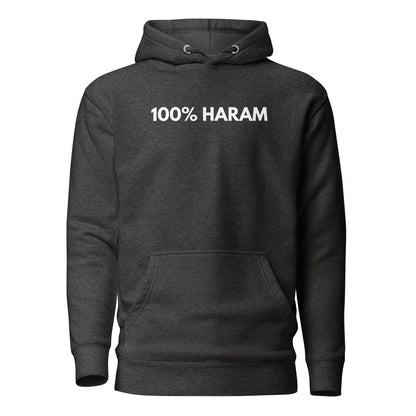 Charcoal Heather hoodie, front view, with white '100% HARAM' lettering.