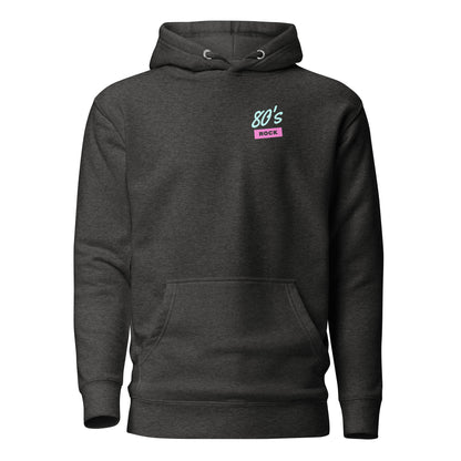 Charcoal Heather hoodie with small 80's Rock chest lettering, front view.